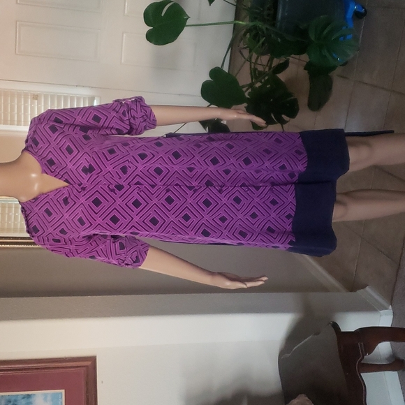 41 Hawthorn xs poetic purple satin shurt dress geometric pattern ribbon tie - Picture 3 of 10